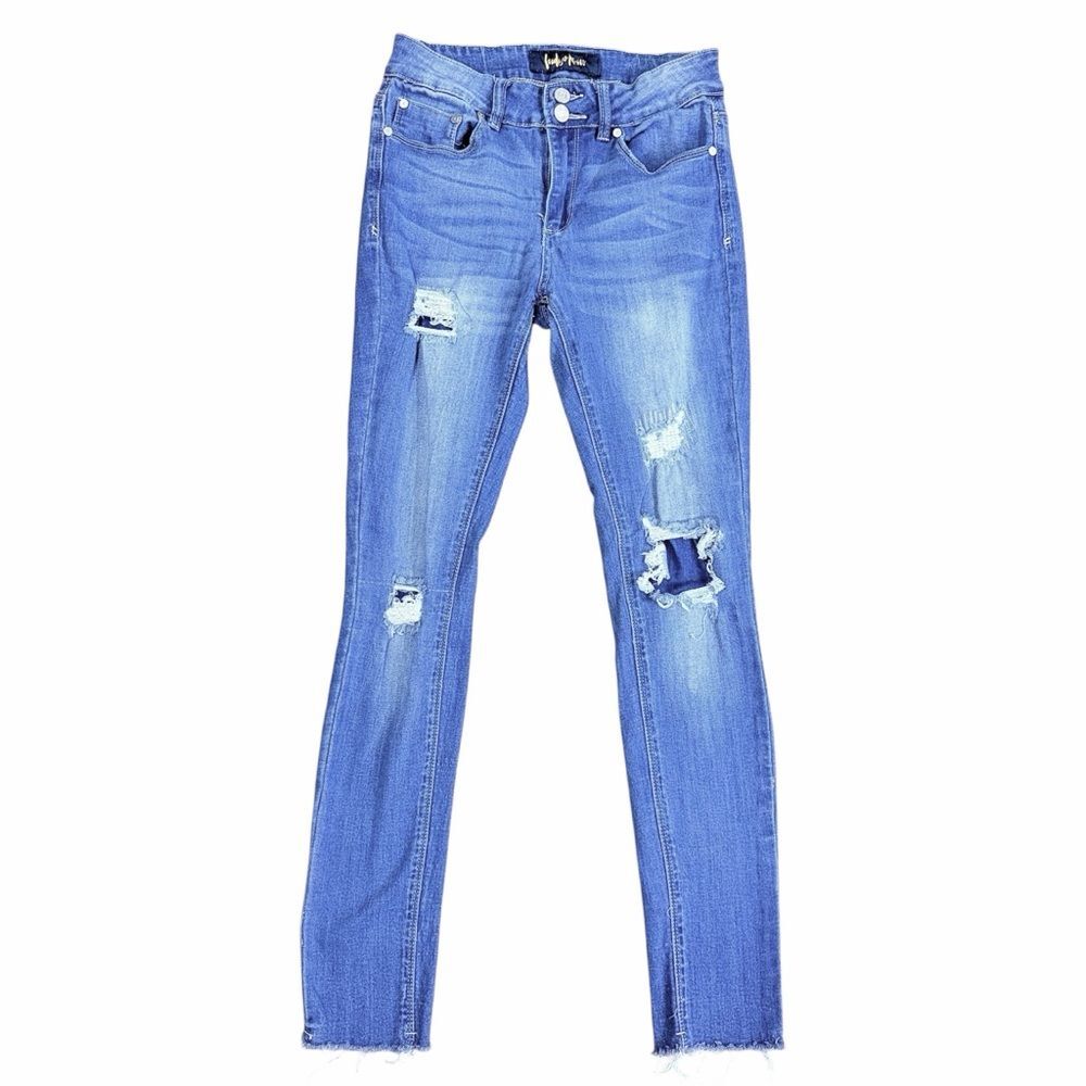 Indigo Rein Skinny Jeans Blue Distressed High Rise Frayed Raw Hem Size 7